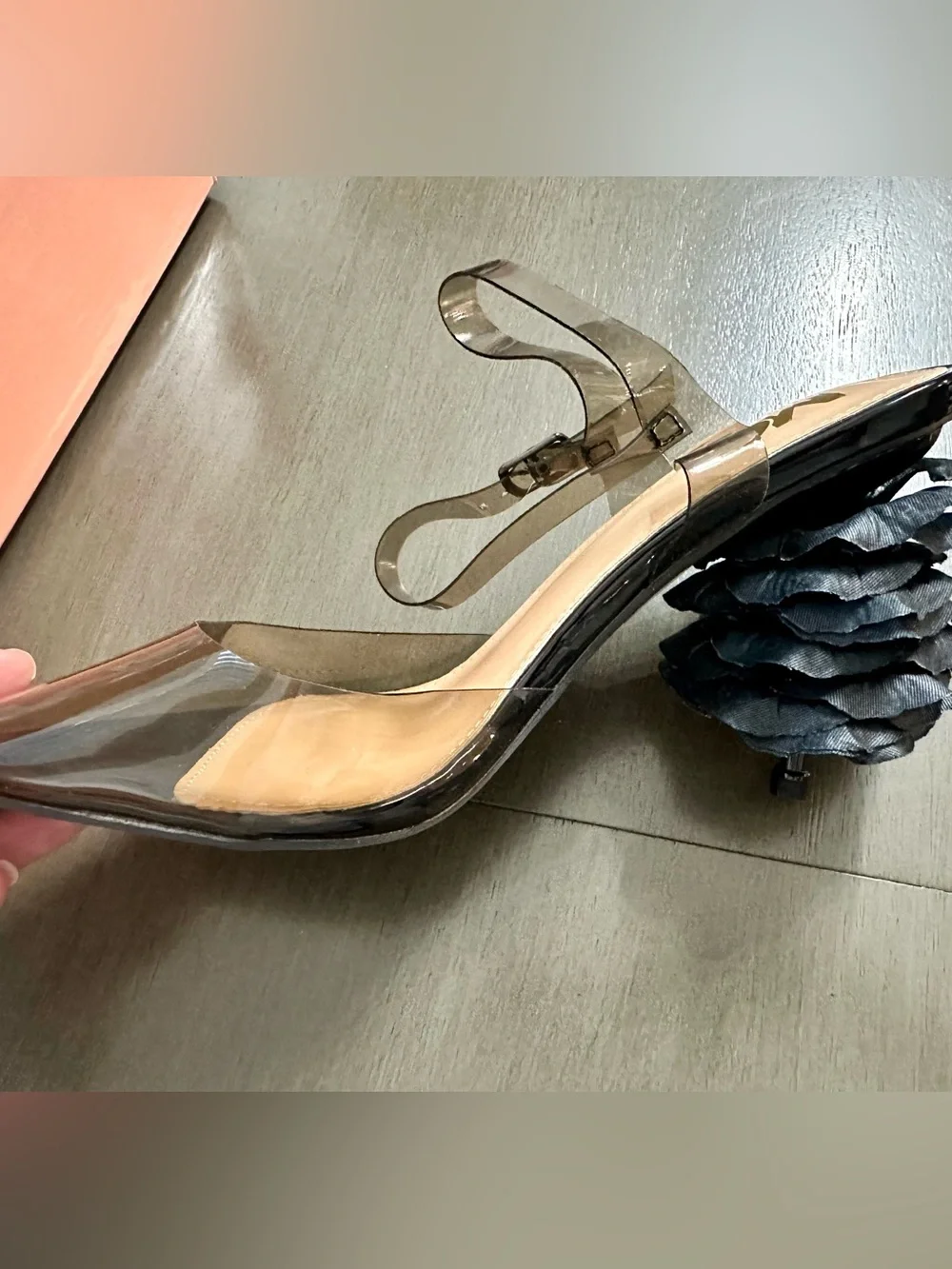 Clear PVC Pointed Toe Slingback Pumps in Black with Flower Petal Heel